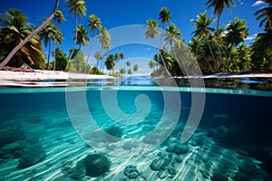 Tropical island with palm trees and sandy beach, underwater view