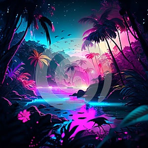 Tropical island with palm trees and sea at night. Vector illustration AI generated