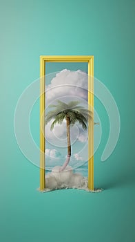 Tropical island with palm trees and sky. Door on a cloud with palm tree.
