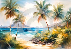 Tropical island with palms and ocean waves, watercolor abstract art landscape