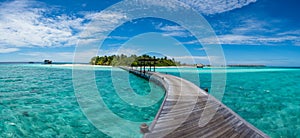 Tropical island panorama landscape with bridge at Maldives