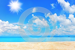 Tropical island paradise beach, blue sea water, turquoise ocean, sand, sun sky white clouds, summer holidays, vacation, travel