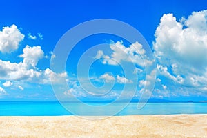 Tropical island paradise beach, blue sea water, turquoise ocean, sand, sun sky white clouds, summer holidays, vacation, travel