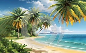 Tropical island paradise beach, green coconut palm tree leaves, sand, blue sea water, turquoise ocean wave, sun sky