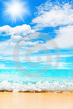 Tropical island paradise beach nature, blue sea wave, ocean water, sand, sun, sky, white clouds, summer holidays, vacation, travel