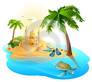 Tropical island paradise beach. Palm tree, sand castle, fins, sea turtle