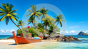 Tropical island paradise with a coconut palmlined beach a boat resting on the white sand and the turquoise Caribbean Sea photo