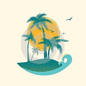 Tropical island paradise with palms silhouette and sun.Vector symbol