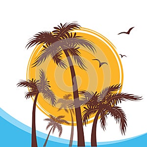 Tropical island paradise with palms silhouette and sun.Vector symbol