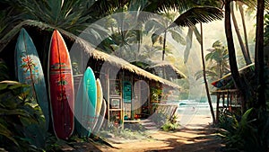 A tropical island paradise with a row of vibrant surfboards by the beach