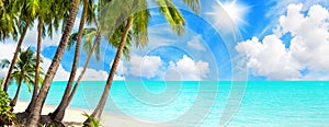 Tropical island paradise sea beach, ocean water, palm tree, sand, sun sky cloud, beautiful panorama landscape, summer holidays