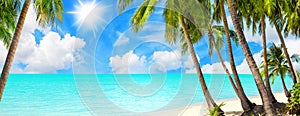 Tropical island paradise sea beach, ocean water, palm tree, sand, sun sky cloud, beautiful panorama landscape, summer holidays