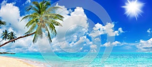 Tropical island paradise sea beach, ocean water, palm tree, sand, sun sky cloud, panorama landscape, Caribbean, Maldives, Thailand
