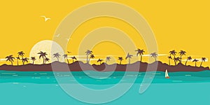 Tropical island paradise. Seascape background with palms silhouette and sky