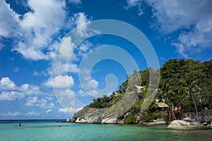 Tropical island paradise turquoise clear water at Sairee beach on Koh Tao, Thailand