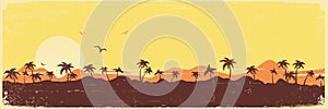 Tropical island paradise vintage background with palms silhouette on old paper texture