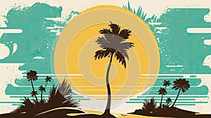 Tropical island paradise.Vintage poster background with palms and sea waves. Generative AI