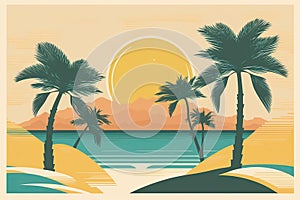 Tropical island paradise.Vintage poster background with palms and sea waves. Generative AI