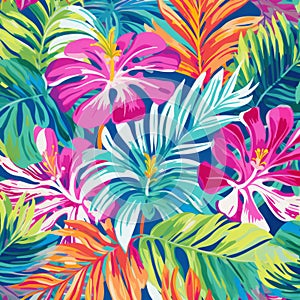 Tropical Island Pattern: Colorful Palm Tree And Tropical Leaves On Blue Background