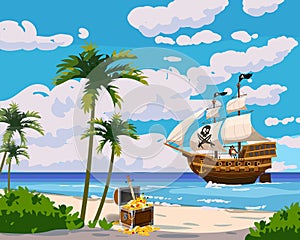 Tropical Island Pirate ship under sail in ocean, treasure cheast, tropical, palms. Sea landscape coast, beach, sand