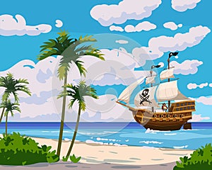 Tropical Island Pirate ship under sail in ocean, treasure tropical, palms. Sea landscape coast, beach, sand, adventure