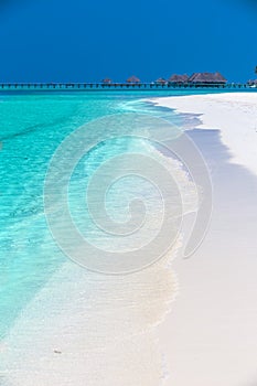 Tropical island with sandy beach, palm trees, overwater bungalow