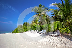 Tropical island with sandy beach, palm trees, overwater bungalow