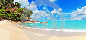 Tropical island sea beach, ocean water, palm tree, villa bungalow, resort hotel hut houses, Caribbean, Maldives, Thailand