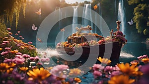 tropical island in the sea A fantasy speed boat on a sea of colorful flowers, with waterfalls, butterflies