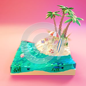 Tropical island sea, sunset deck chairs under umbrella on a beach. Travel concept 3d low poly illustration