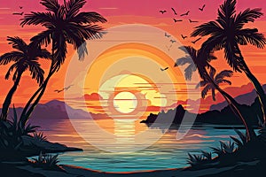 A tropical island sunset banner template, perfect for romantic getaways