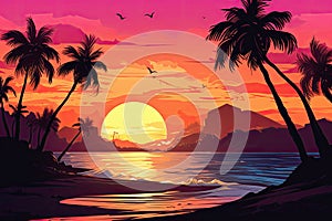 A tropical island sunset banner template, perfect for romantic getaways