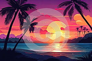 A tropical island sunset banner template, perfect for romantic getaways