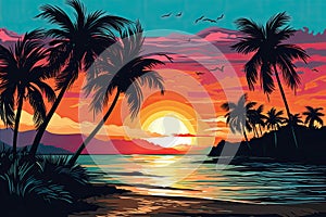 A tropical island sunset banner template, perfect for romantic getaways