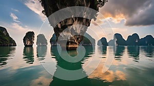 tropical island at sunset A beautiful nature of Thailand James Bond style island reflecting in water