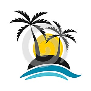 Tropical Island With Sunset And Sea Logo Vector Design