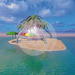 Tropical island with three umbrellas