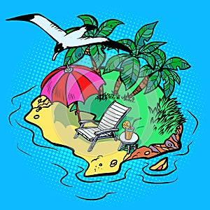 Tropical island tourist resort beach chaise longue, bird Seagull