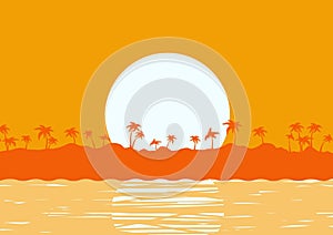 Tropical island vector poster with sun, sea waves and palms silhouette on poster horizone seascape background for design