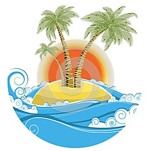 Tropical island.Vector symbol seascape with sun is