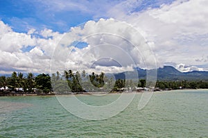 Tropical island view with palm trees and distant mountain. Warm sea with beach line and forest.