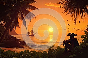 tropical island, with view of sun setting over the horizon, and pirate enjoying peaceful moment