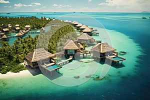 Tropical island with water bungalows at Maldives, Perfect aerial landscape, luxury tropical resort or hotel with water villas and