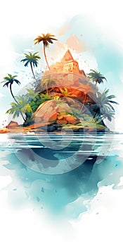 Tropical Island Watercolor Illustration With Seaside House And Palm Trees