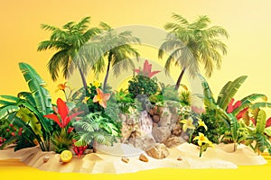 A tropical island with a waterfall and palm trees with Generative AI