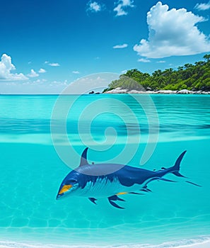 Tropical island with whale or dolphin