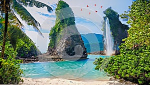 Tropical island with white sand and waterfall