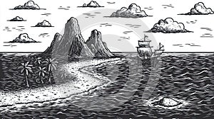 Tropical island with a winding path to a ship at sea