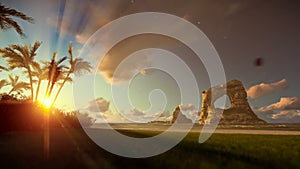 Tropical island with woman running on the beach at sunrise