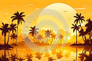 Tropical island in yellow with silhouettes of palm trees sunset or sunrise with clouds and fog,